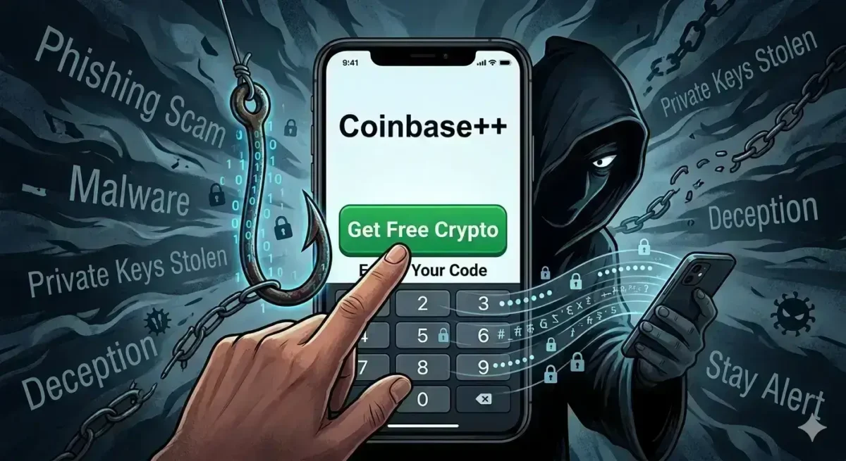 A conceptual illustration of a Coinbase plus plus phishing scam showing a user clicking a free crypto button on a smartphone while a large fishing hook traps their finger and a hooded hacker logs their keystrokes.