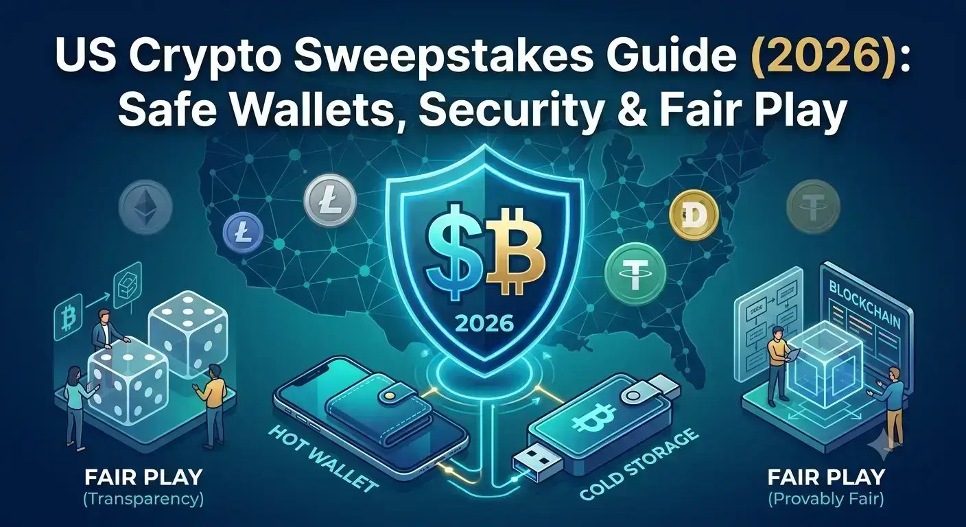 A conceptual illustration showing a secure shield with Bitcoin and dollar symbols, labeled "2026", positioned between a "Hot Wallet" phone, a "Cold Storage" USB device, and a "Fair Play" transparency graphic with dice and blockchain data. Represents safe US crypto sweepstakes.